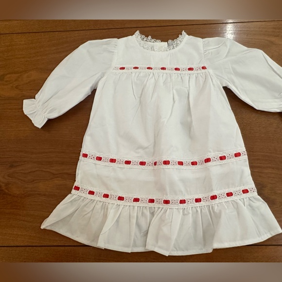 Vintage Baby Dress 6 Months White Eyelet with Red Ribbon Trim Long Sleeve Ruffle - Picture 2 of 5